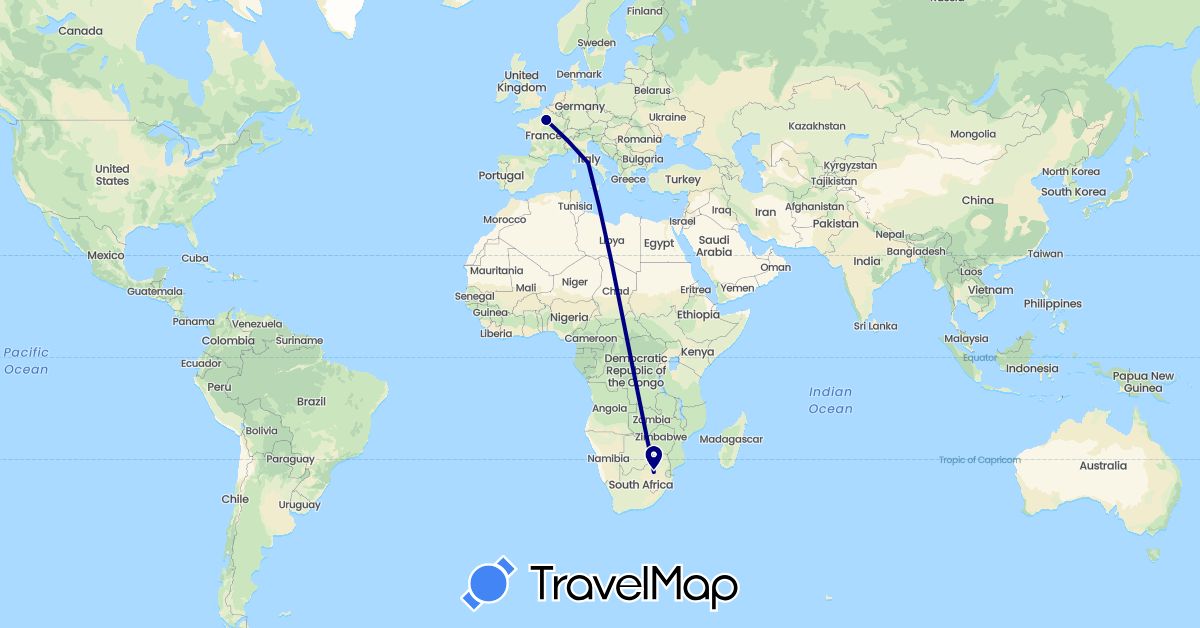 TravelMap itinerary: driving in France, Italy, South Africa (Africa, Europe)